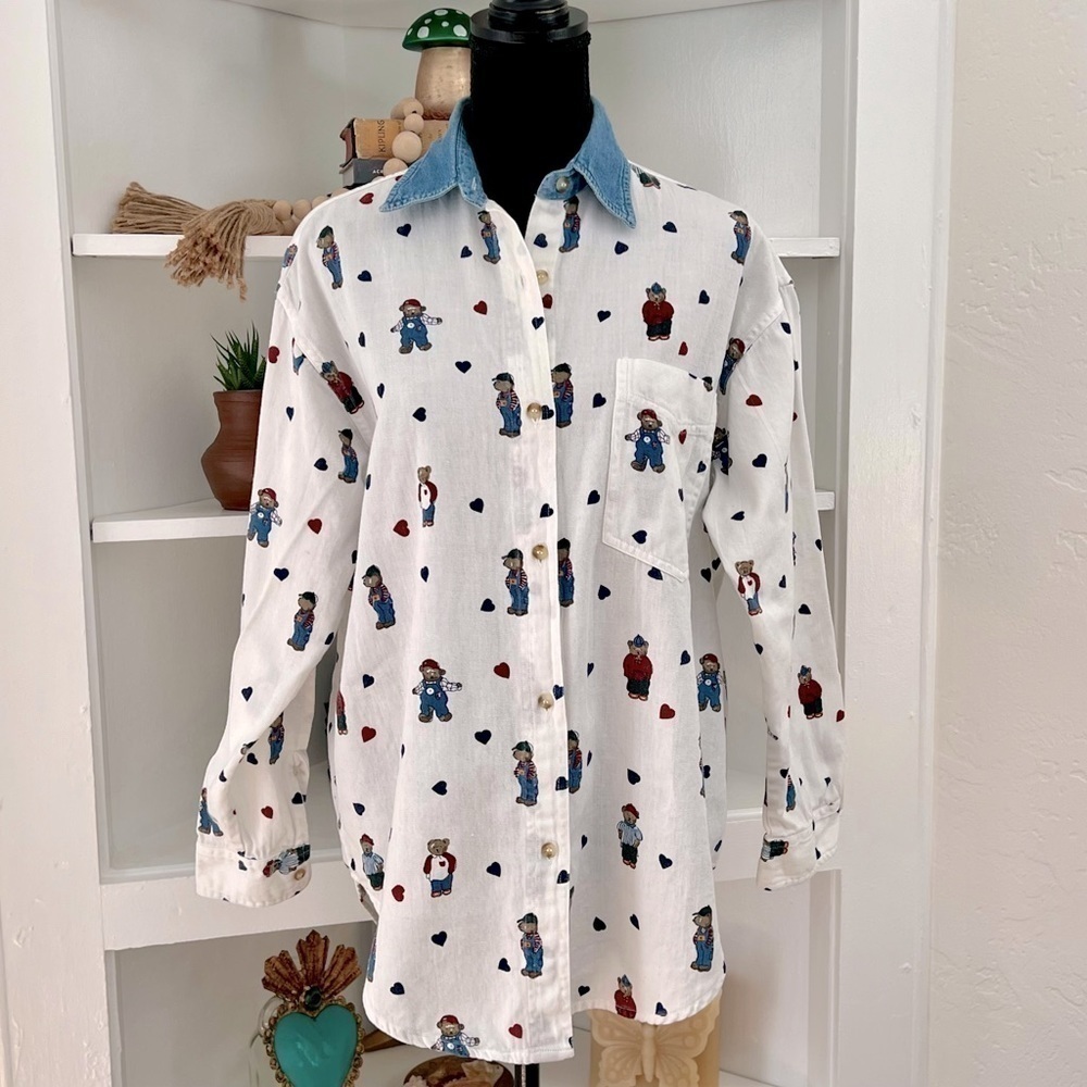 Women's White Button Down Shirt with Denim Collar
